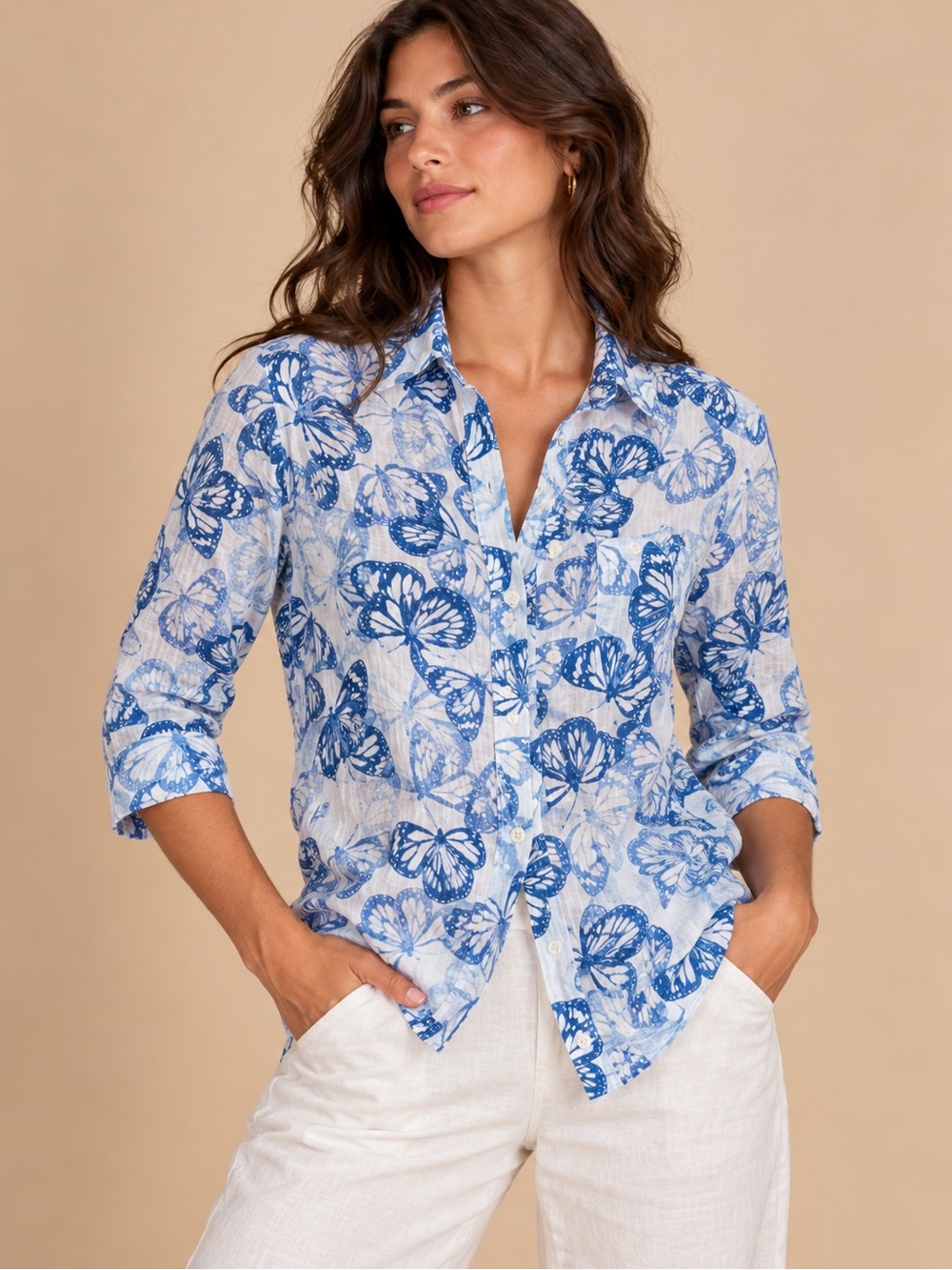 Karen Scott Petites Butterfly Button Down Shirt Size S